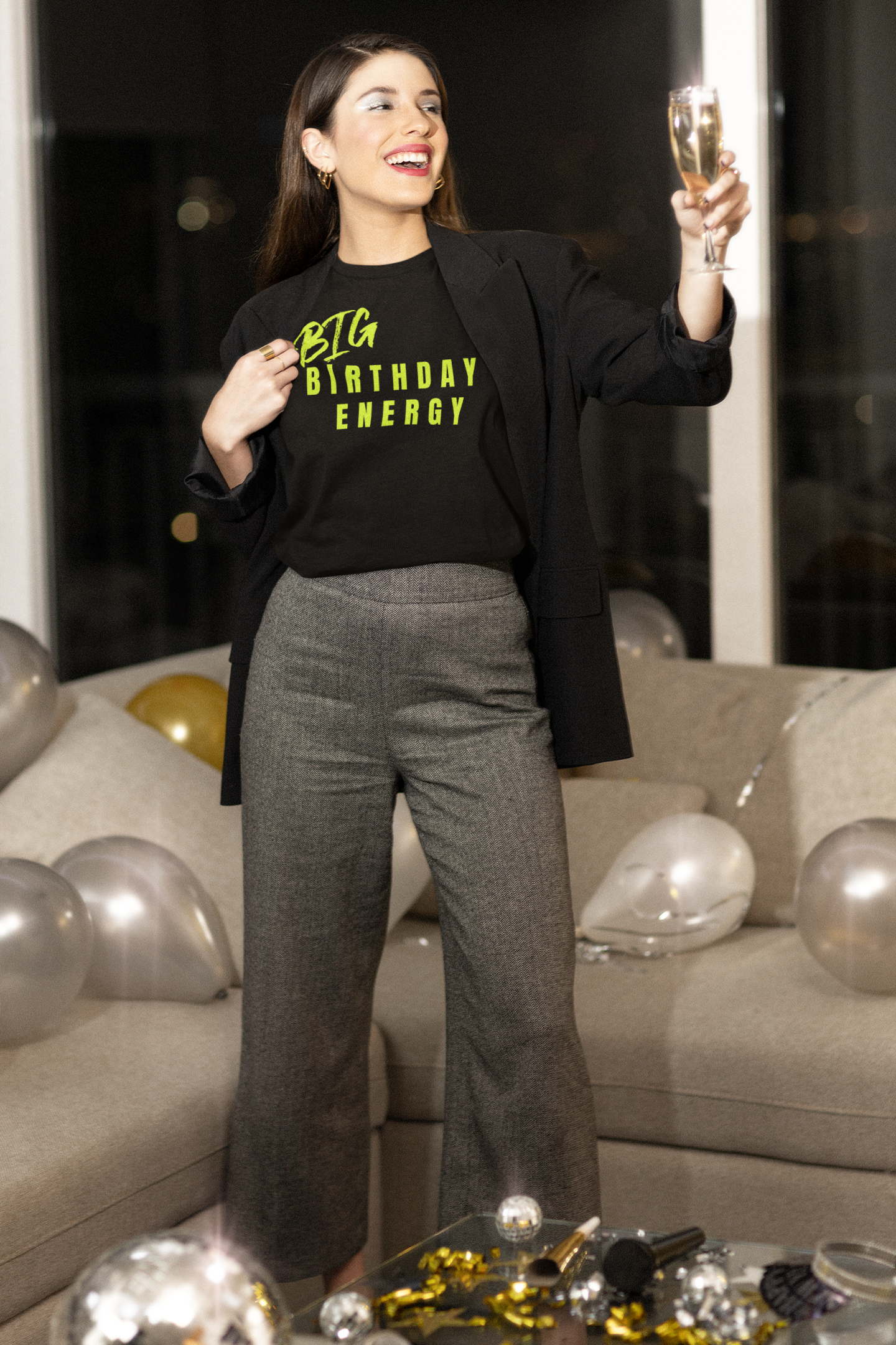 Women's Big Birthday Energy Shirt- Neon Yellow FontCaptioned 2 A Tee